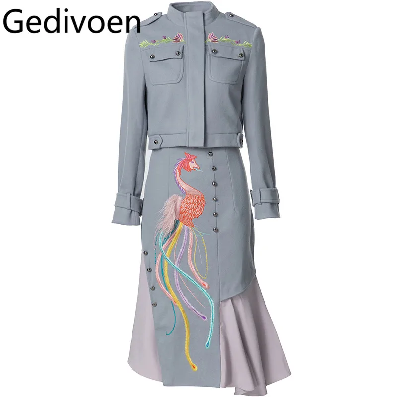 Gedivoen Autumn/Winter Commuter Women's Suit Long-sleeve Stand Collar Tops+Fashion Flounced Edge Skirt Embroidery 2 piece set