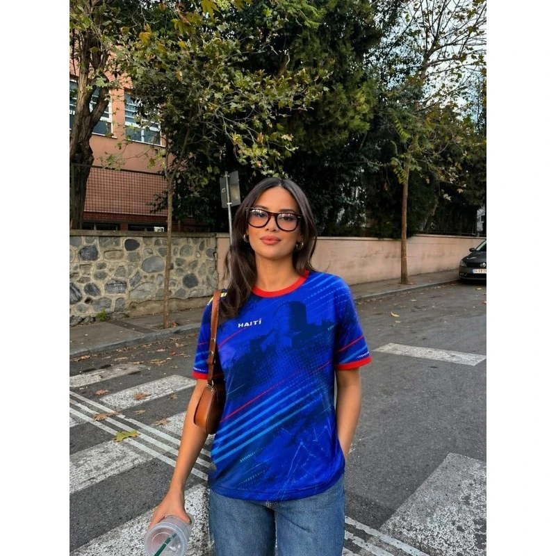 Summer Haiti Blue Gradient Line Cityscape Soccer Jersey,3D Quick Dry Breathable Tee for Caribbean Fan Streetwear Famly Kids Tees