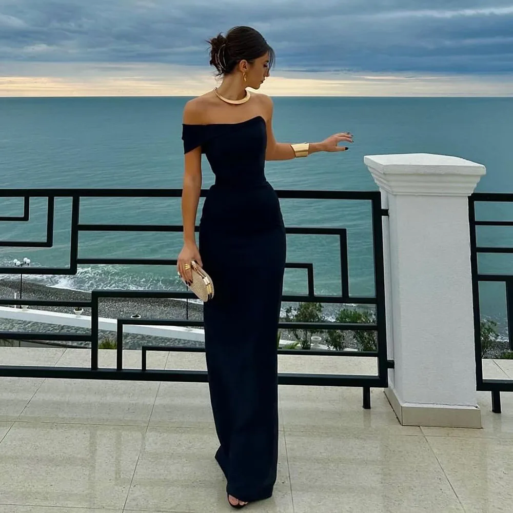 Msikoods gaun pesta elegan gaun Prom pantai hitam Satin elastis satu bahu disesuaikan gaun malam Formal vestido de gala