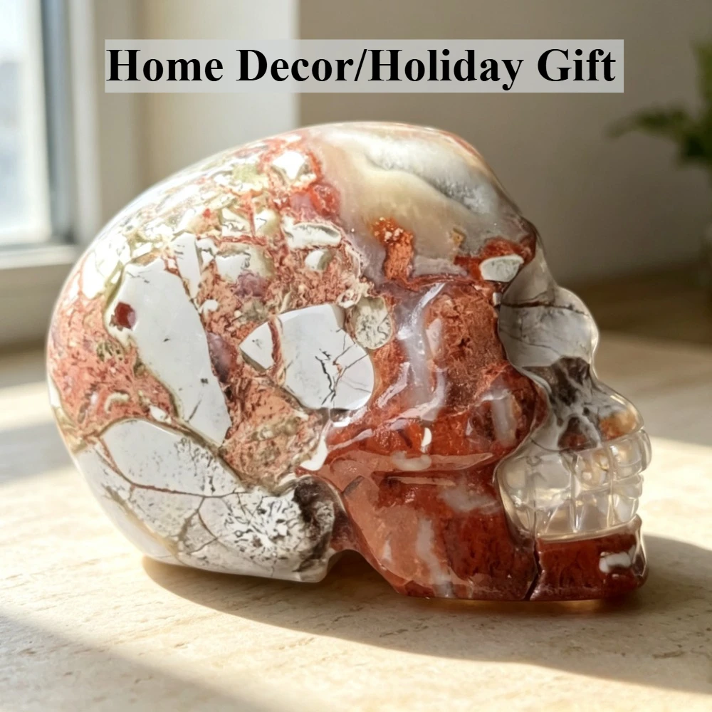 Natural Money Agate Skull Carving, Crystal Stone Ornaments, Mineral Specimen, Home Decor, Desk Display, Holiday Gift