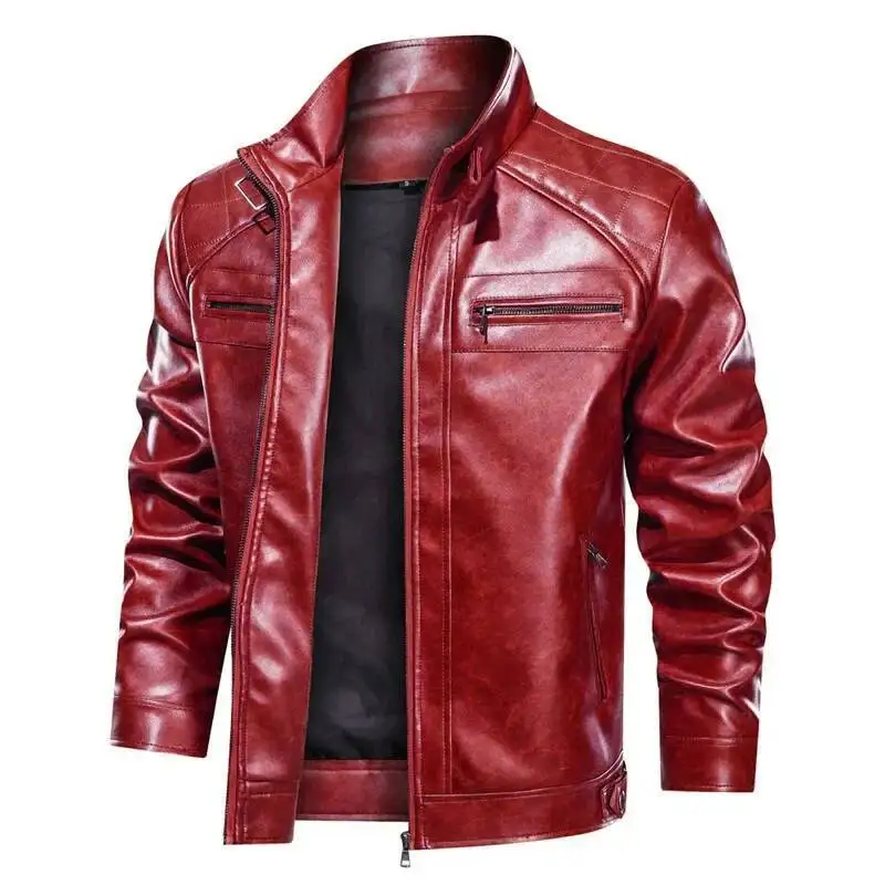 

Casual Men's Biker Leather Jacket Autumn Winter Straight Hem Side Pockets Stand Collar Non-Hooded Youth Outerwear Coat