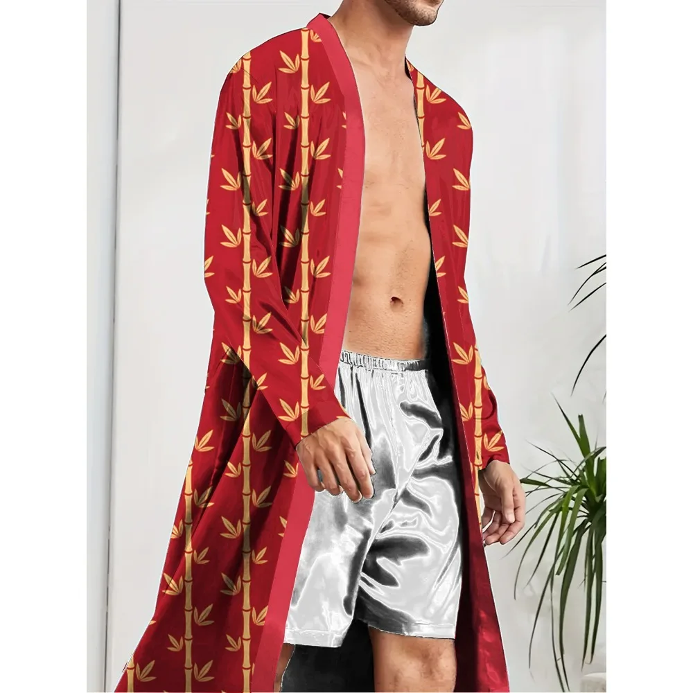 

Men's long robe with digital printed red bamboo pattern, fun home casual robe, trendy, comfortable and quick drying