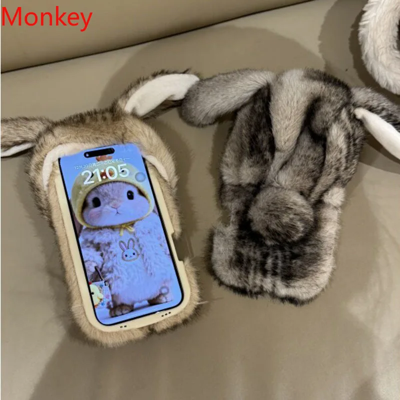 

Fluffy Warm Winter Plush Bunny Hat Ear Soft Phone Case For Apple iPhone 17 16 Plus 15 14 13 Pro Max 15plus Shockproof Back Cover