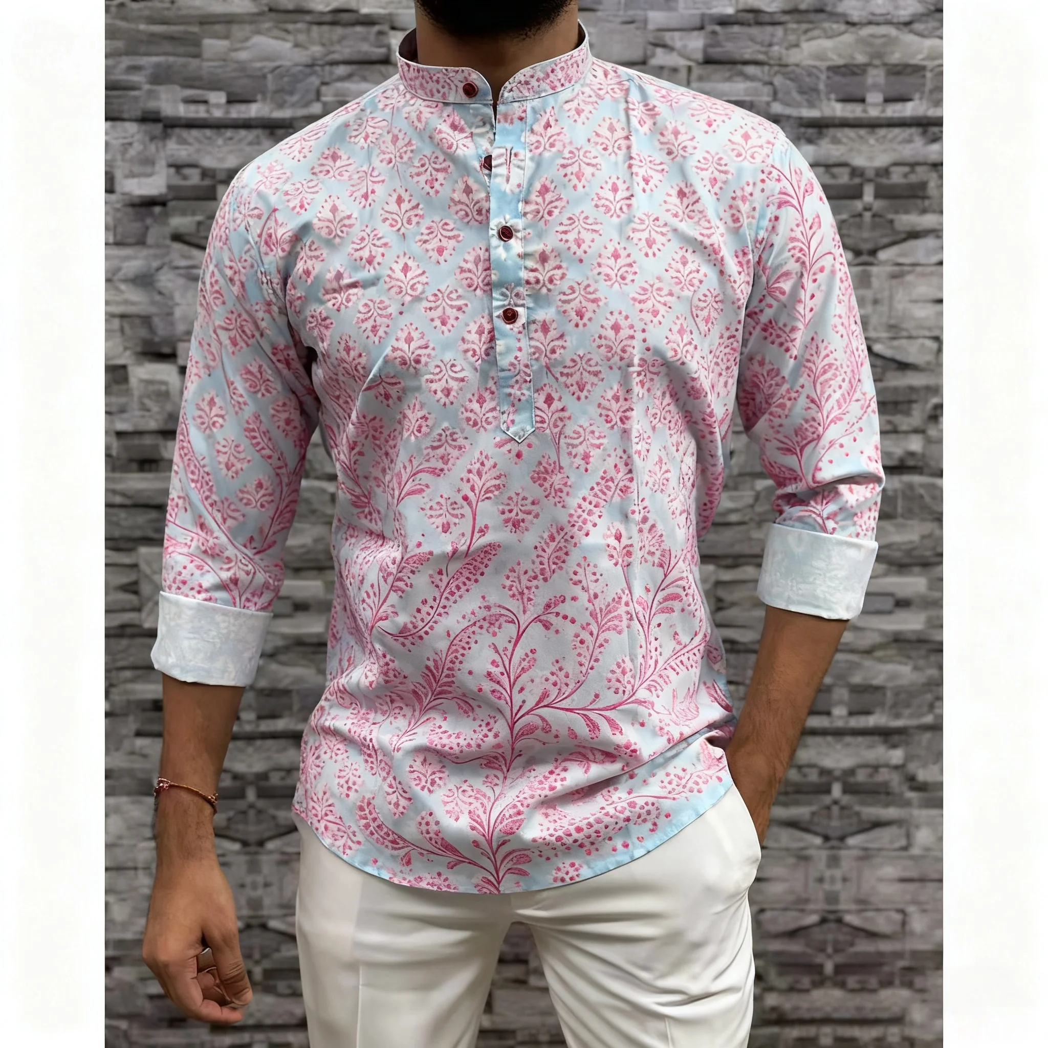 رداء رجالي مسلم لعام 2026 قميص بأكمام طويلة نمط عرقي بياقة واقفة ملابس عربية للرجال Vetements Homme Musulman