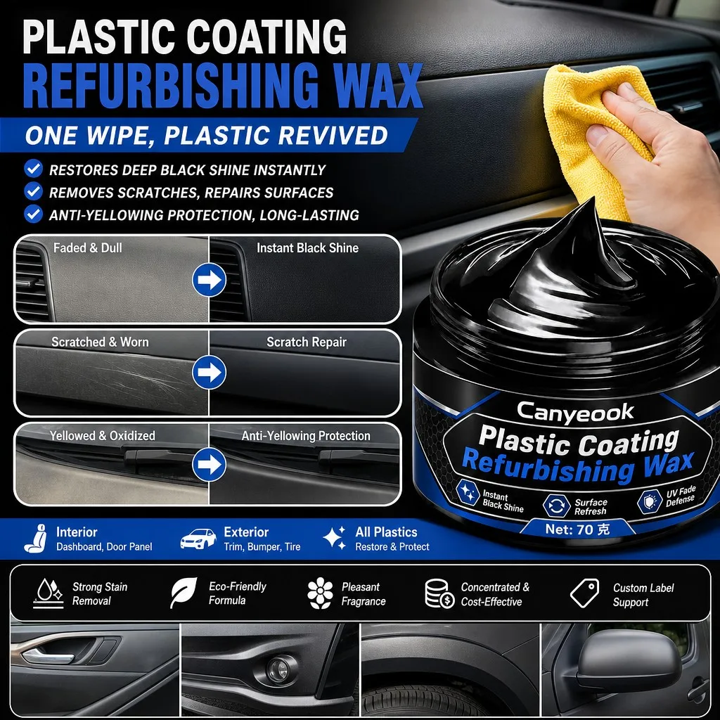 CANYEOOK Plastic Restorer Wax 70g Restore Faded Black Trim Remove Scratches Anti UV for Car Dashboard Bumper Door Panel Tire
