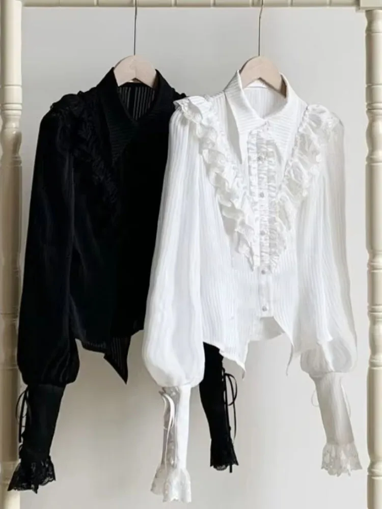 

Сладкая рубашка с пышными рукавами в стиле Лолиты, осень 2021, эстетичная блузка с рюшами и рюшами Y2k, женские однобортные блузки в стиле гранж