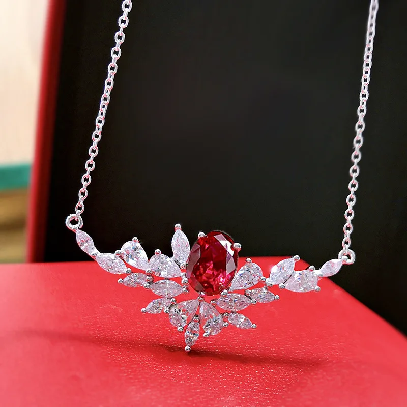 

925 Silver Synthetic Ruby Necklace Oval 7 * 9 Ice Flower Design Advanced New Product Women's Neckchain