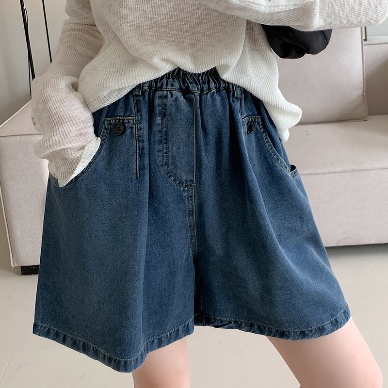New 2025 Summer Plus Size Denim Shorts For Women High Elastic Wasit Wide Leg Loose Blue Jean Short Women Streetwear Half Jeans