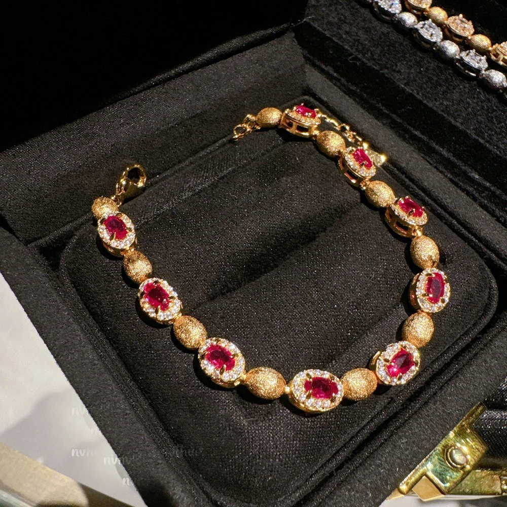 Vintage zircon colored gems red gem brushed bracelet luxury hand chain for women