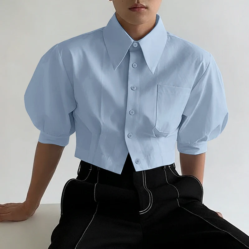 INCERUN Men's Shirt Solid Lapel Puff Short Sleeve Casual Crop Tops For Man Summer Loose 2026 Pockets Fashion Men Clothes Camisa