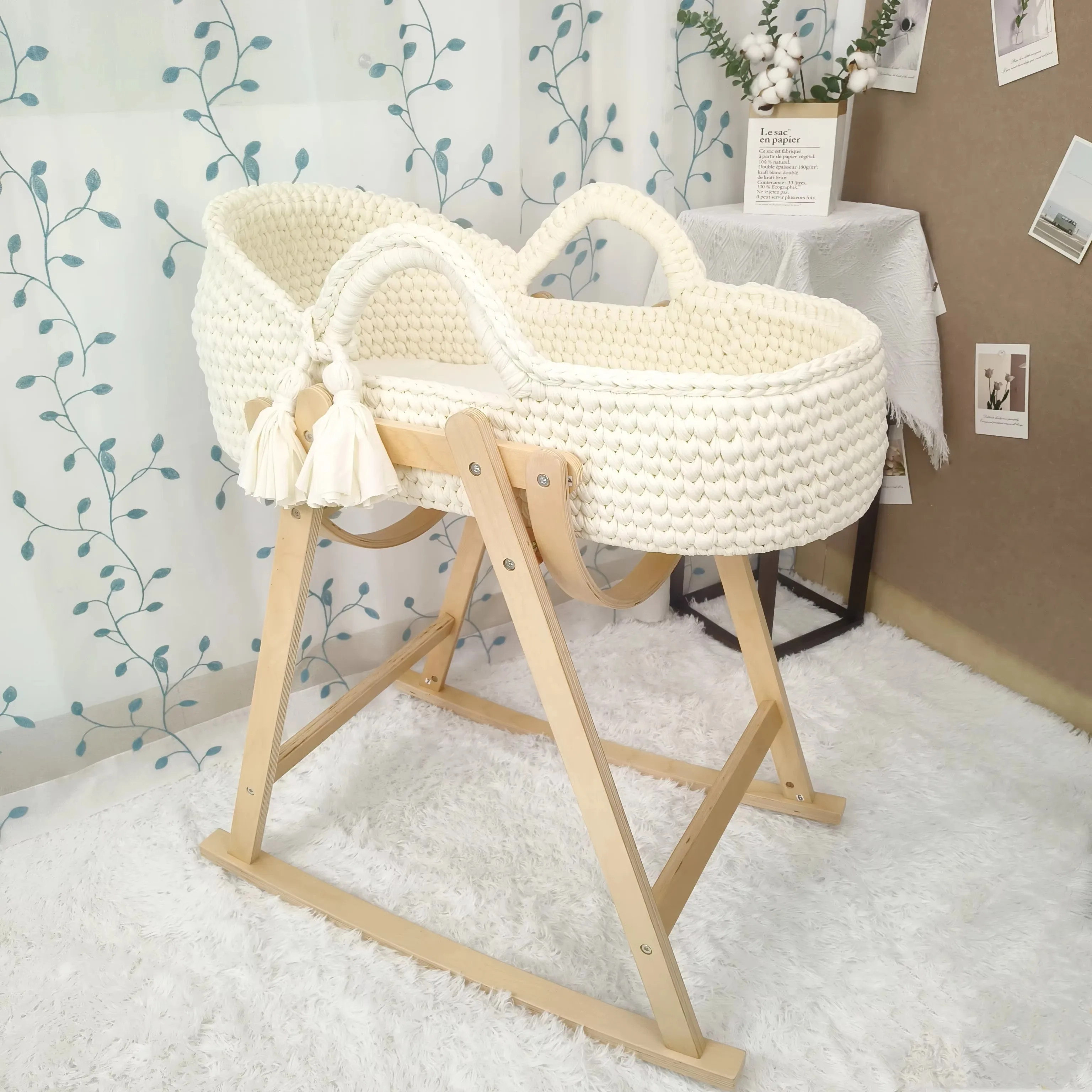 Handwoven Beige Baby Cradle, Crochet Bassinet, Portable Moses Basket, Newborn Lounger, with Wooden Stand and Soft Mattress