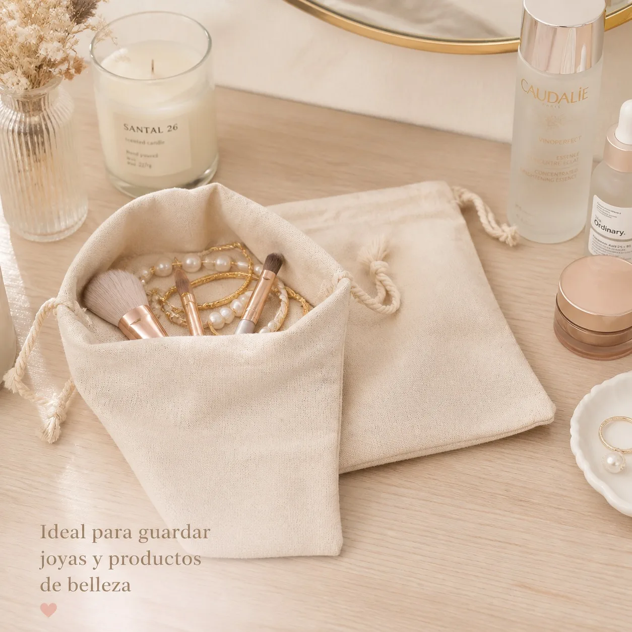 Sac en coton naturel avec cordon de serrage réglable 29x22cm, pochette multi-usages pour organiser bijoux, cosmétiques et cadeaux, sac en tissu respirant réutilisable pour le voyage et le rangement