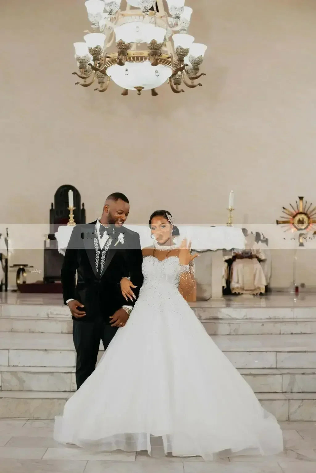 Aangepaste Glanzend Kralen Parels Arabische Aso Ebi Trouwjurk Lange Mouwen Vestidos De Novia Corset Terug A-lijn Bruidsjurken