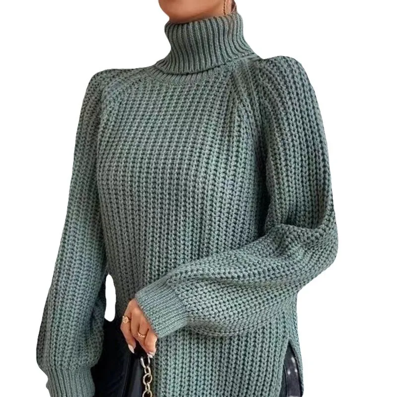 الخريف والشتاء سترة الياقة المدورة الجديدة منتصف طول الأكمام راجلان عالية التلبيب شق لينة ومريحة الملابس النسائية