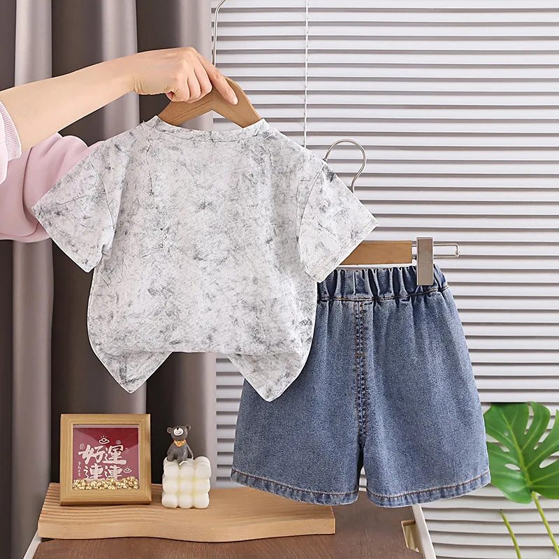 Korean Children's Clothing 2026 New Baby Boy Summer Clothes 0-5 Years Casual Short Sleeve T-shirts and Denim Short 2 Piece Set