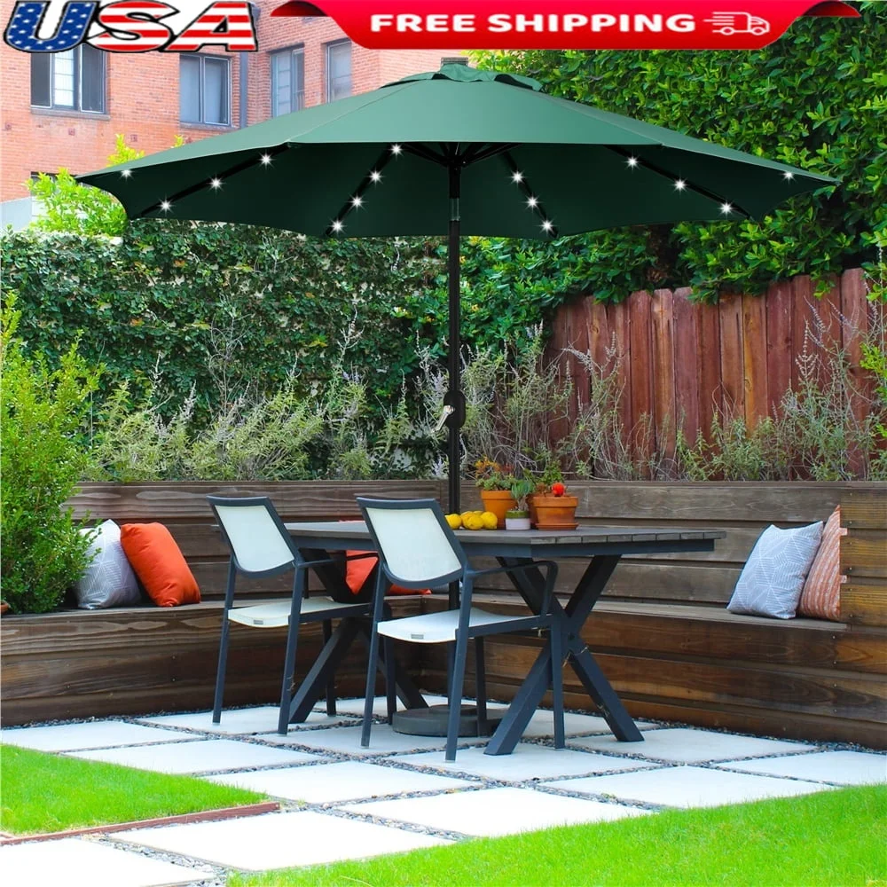 

9ft Solar Lighted Octagon Patio Umbrella Water-Resistant Outdoor Market Umbrella with Crank Tilt Garden Deck Poolside