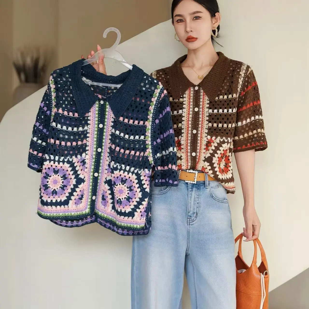 

Retro American Polo Neck Short Sleeve Knitted Shirt Women's Loose Single Button Shirt Jacket Summer Casual knitted Shirt Top