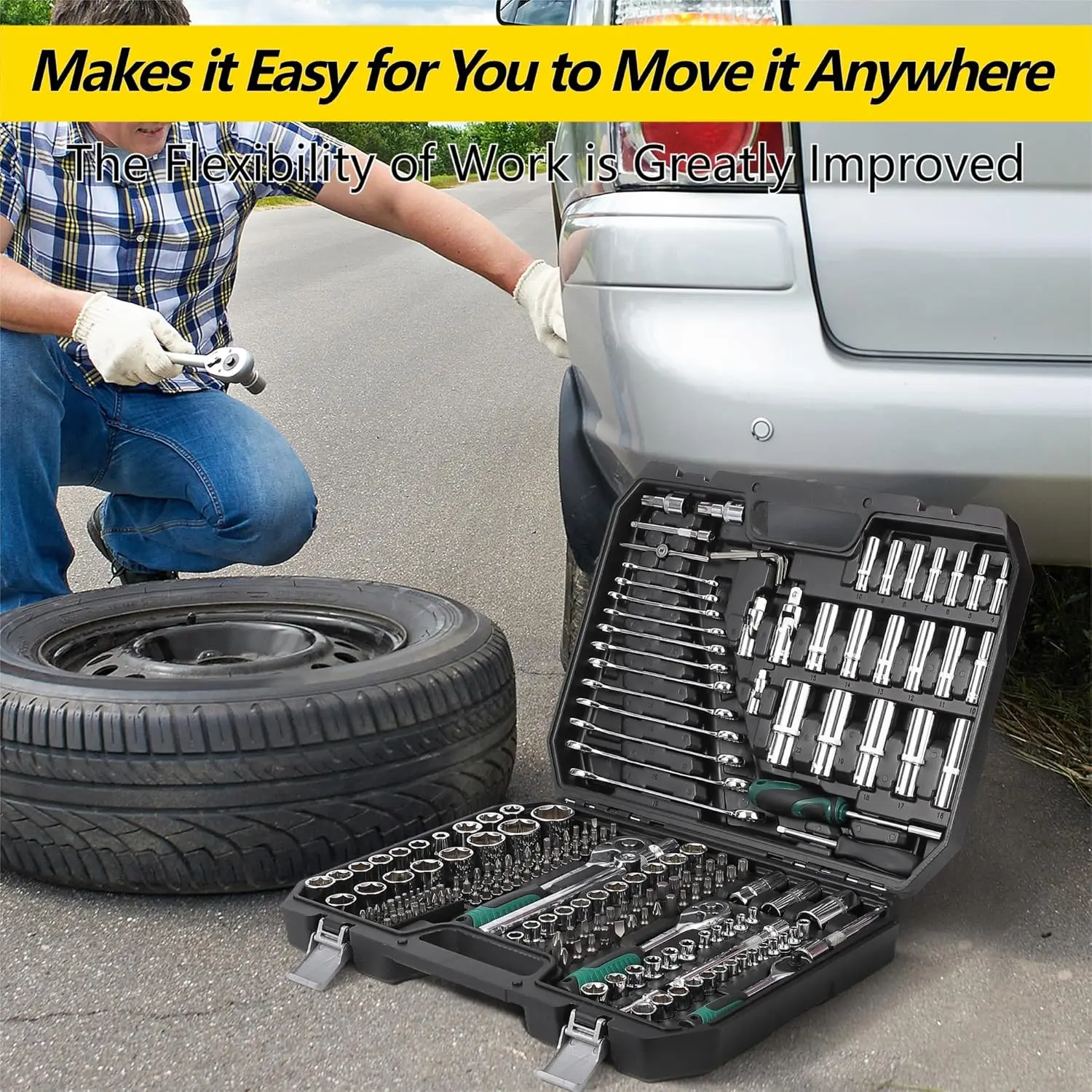 Mechanik-Werkzeugset, 216-teilig (einschließlich Koffer), tragbare Werkzeug-Sets und Steckschlüsselsatz, Kfz-Reparatur-Werkzeug-Set für die DIY-Autoreparatur