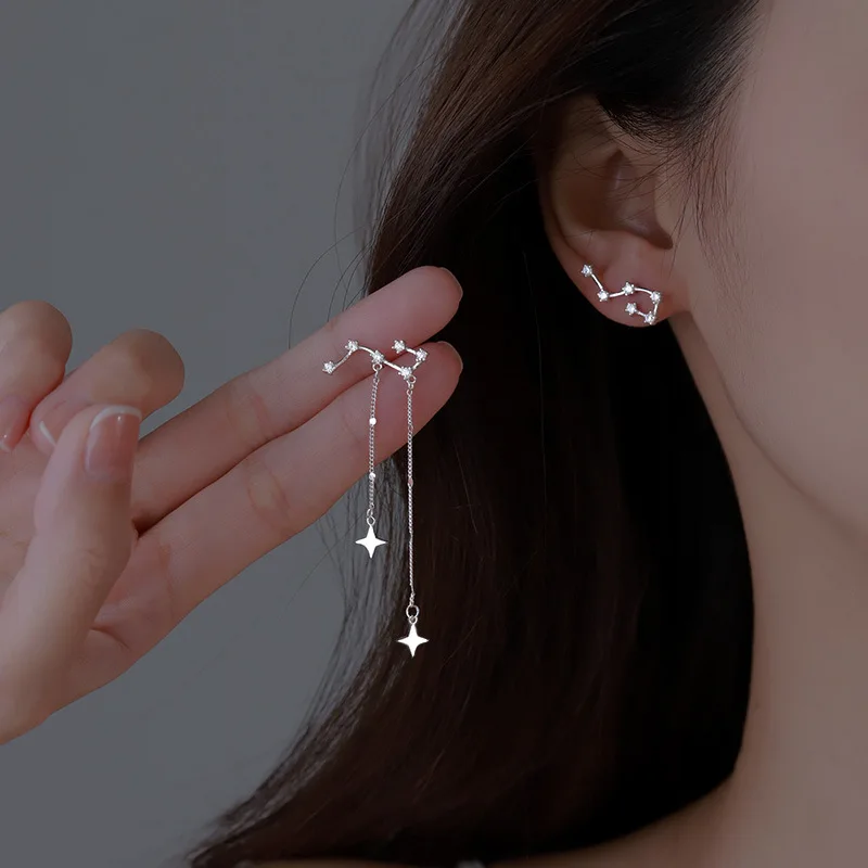 Fashion Silver Color Asymmetric Big Dipper Earrings for Women Exquisite Zircon Long Tassel Chain Dangle Earrings Wedding Jewelry