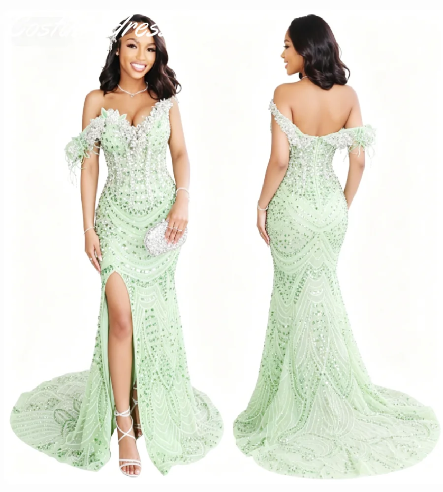 

Luxury Sage Green Off Shoulder Mermaid Prom Dress Rhinestone Beaded High Slit Formal Evening Gown Diamond Black Girls Birthday
