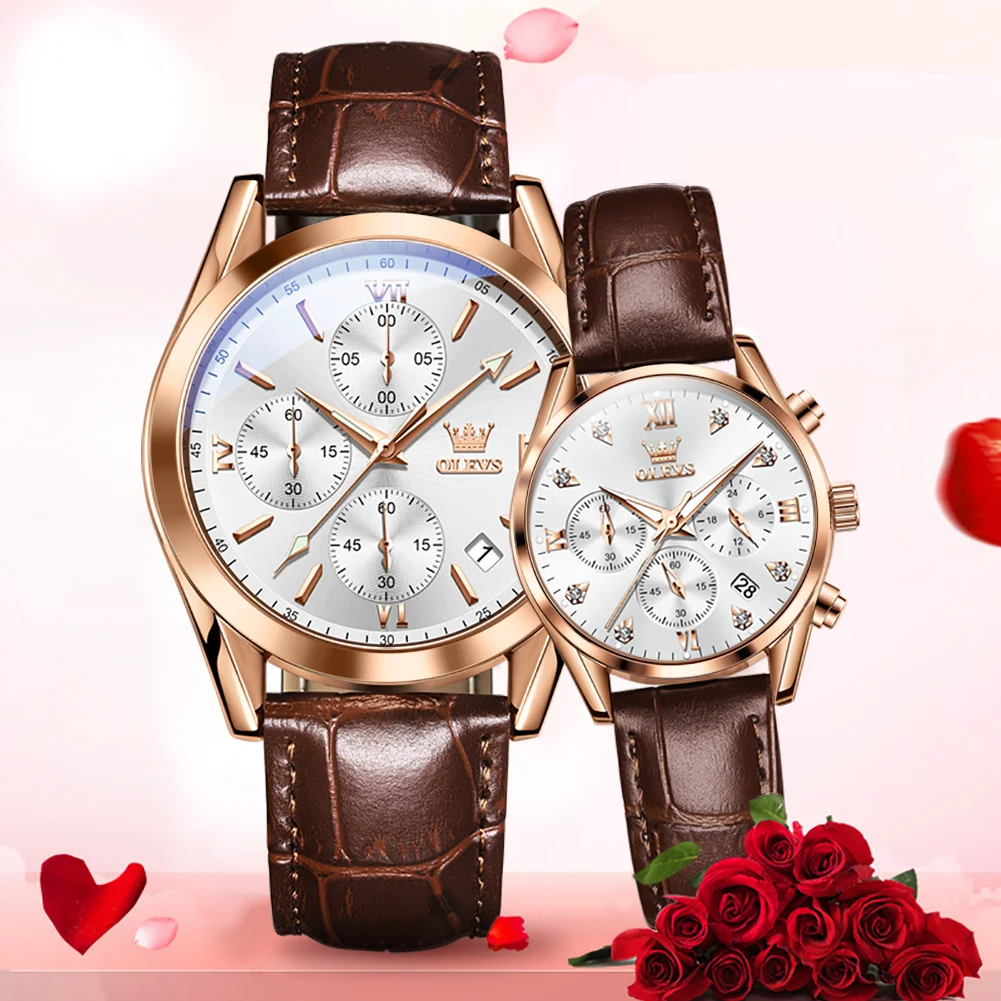 OLEVS Couple Watch for Men Women Waterproof Quartz Wristwatch Men Women Leather Strap Chronograph Design Lover\'s Watch Gifts