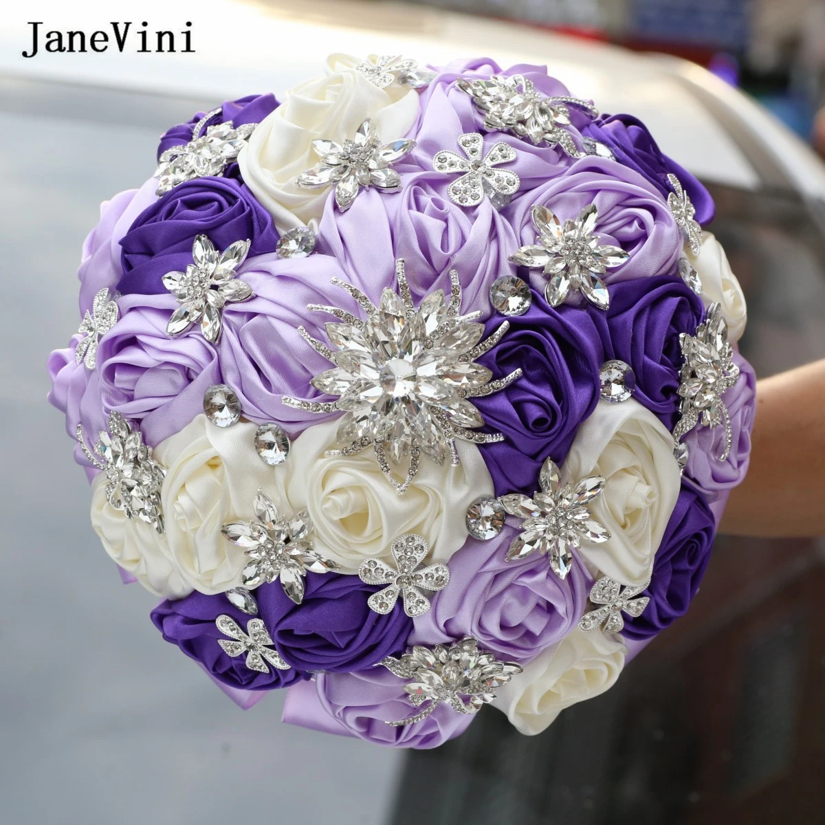 JaneVini 2023 Customized Light Purple Ivory Brooch Bouquet Ribbon Flowers Rhinestone Jewelry Bridal Bouquets Wedding Accessories