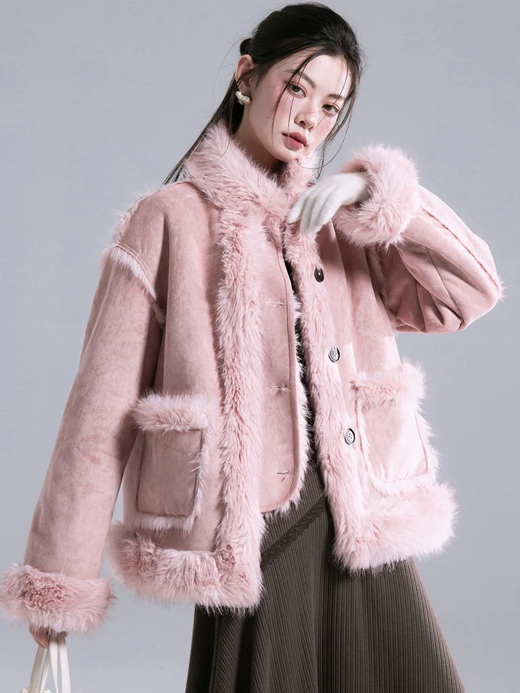 COTRE Foggy Lacape Exploration Jaqueta Feminina Azul de Pelo e Couro com Gola Alta, Reversível, em Fibra de Poliéster