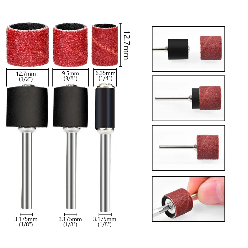 XCAN 132 Stück Schleiftrommel-Set, Körnung 80, Schleifbänder, 1/4 3/8 1/2 Dorne, für Dremel-Zubehör, Drehwerkzeug