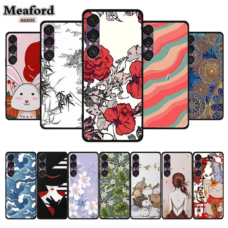 Funda 3D para Sony Xperia 1 VII VI V IV III, Funda de teléfono negra, Funda con relieve de flores, Funda de animales bonitos de dibujos animados Xperia1 II