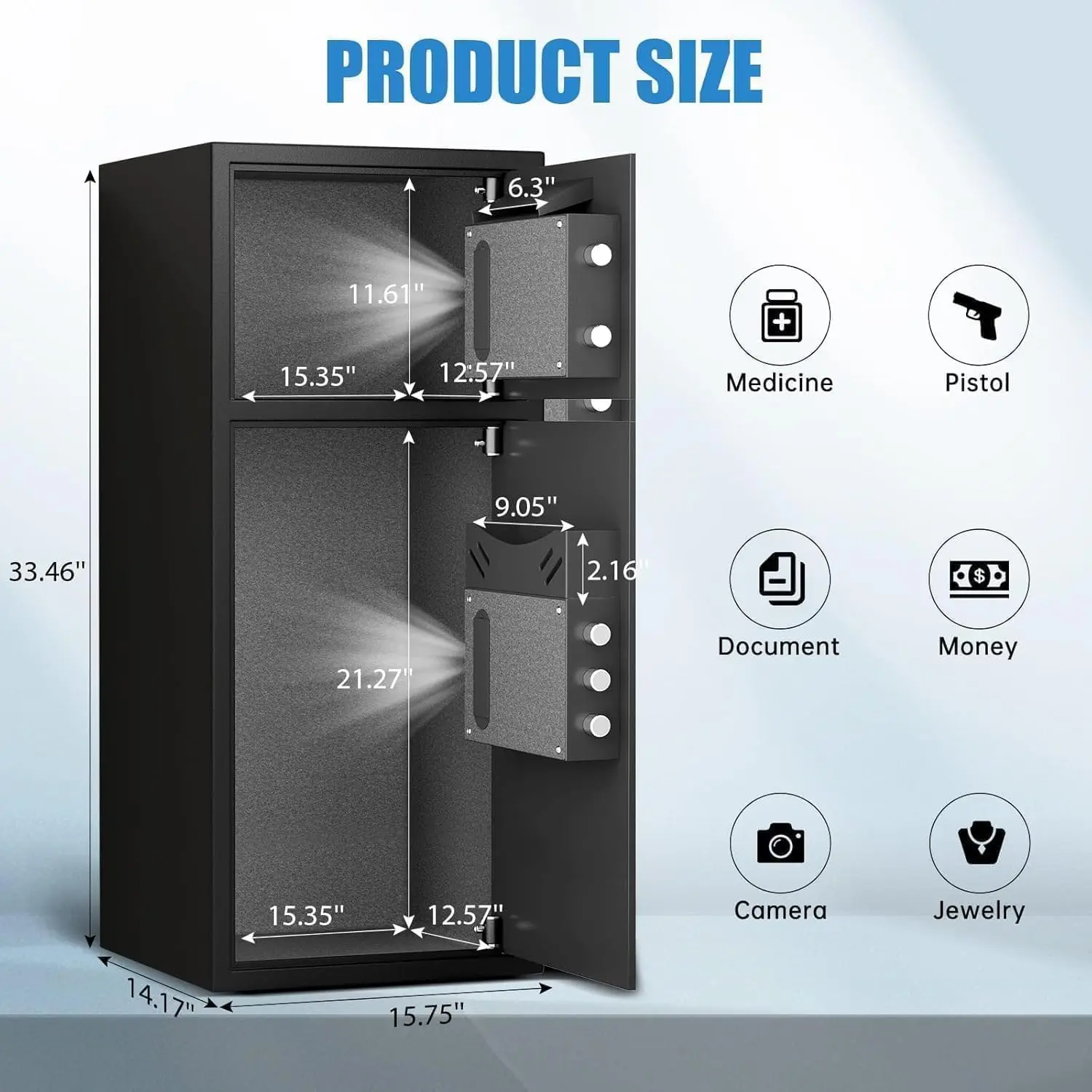 7.0 Cu ft Safe Box Fireproof Waterproof,with LED Light fire proof safe for home documents,password personal Fingerprint Safe wit