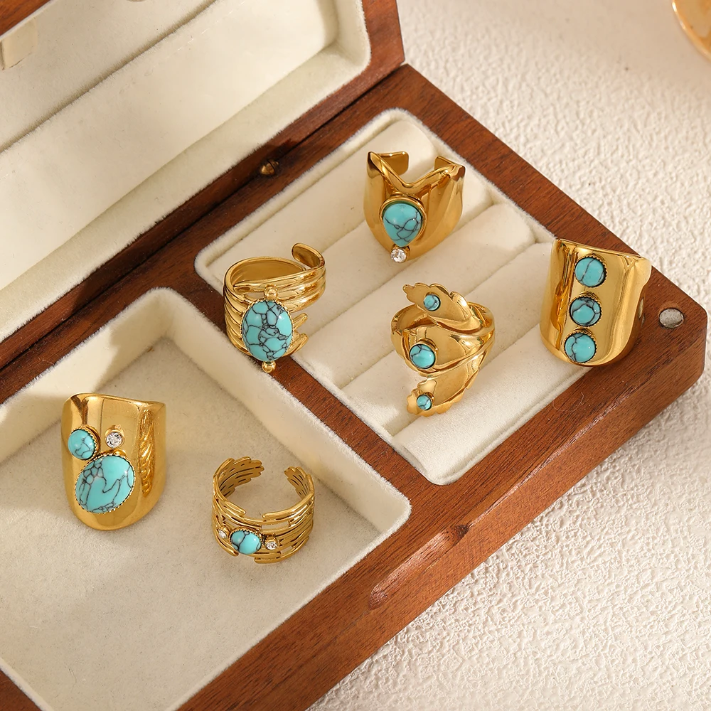

Vintage Natural Stone Geometric Gold Plated Stainless Steel Ring Trendy Fashion Jewelry Accessories Dainty Gifts