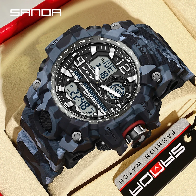 

SANDA Men Sports LED Digital Watches Dual Display Analog Quartz Wristwatches Waterproof Camouflage Military Army Timing Watch