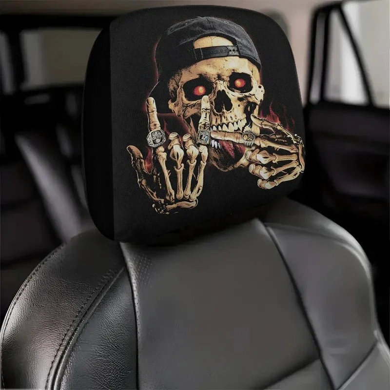 2pcs Skull Glowing Ring Flame Print Car Headrest Covers All Season Use Daily Car Seat Headrest Covers