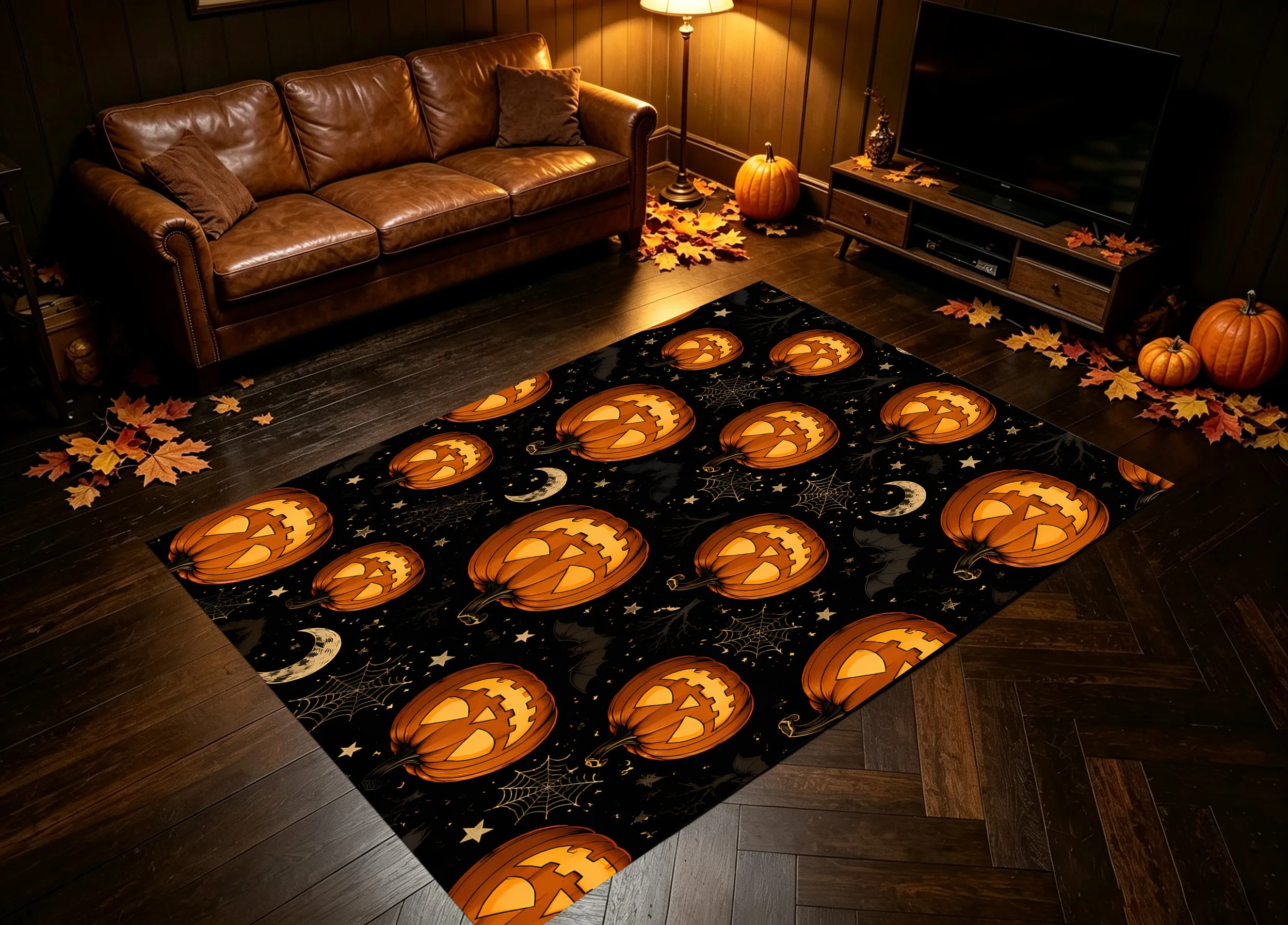 Velvet Rug Pumpkin Lantern Star Moon Bat All over Dark Fun for Entryway Bedroom Party Decor