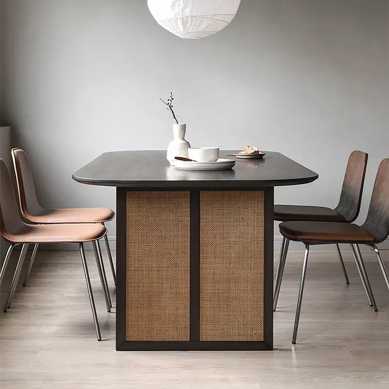 Nordic solid wood small apartment home retro wabi wind restaurant hotel oval rattan western dining table