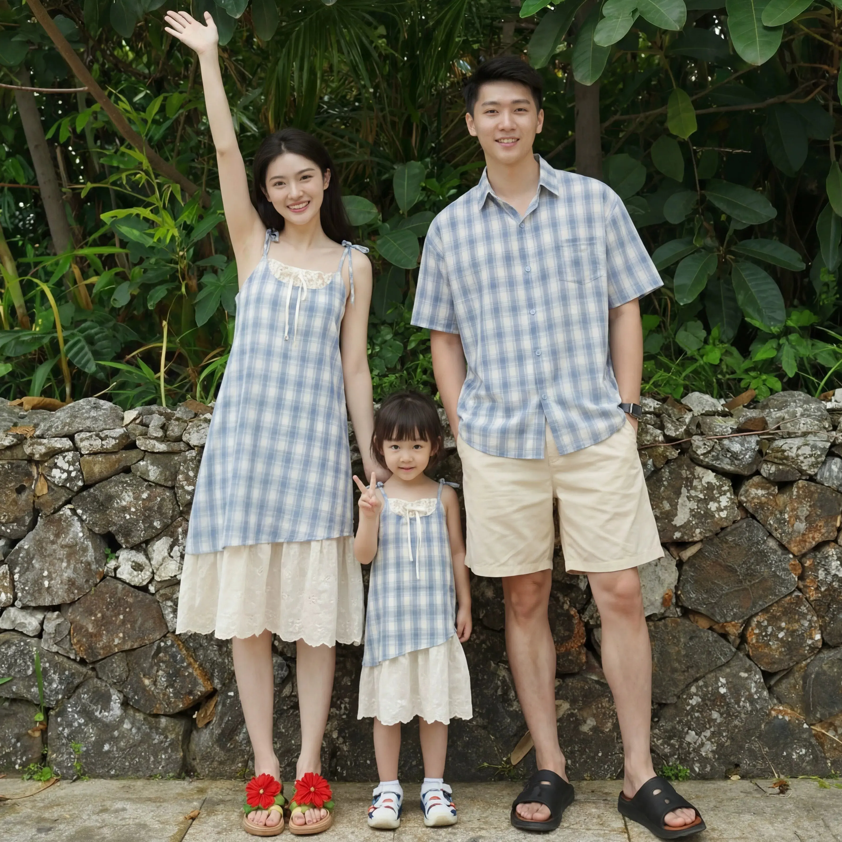 

2026 Summer Family Matching Outfits Blue Gingham Plaid Shirt & Cami Midi Dress Set For Mom Dad Kids Casual Vacation Wear