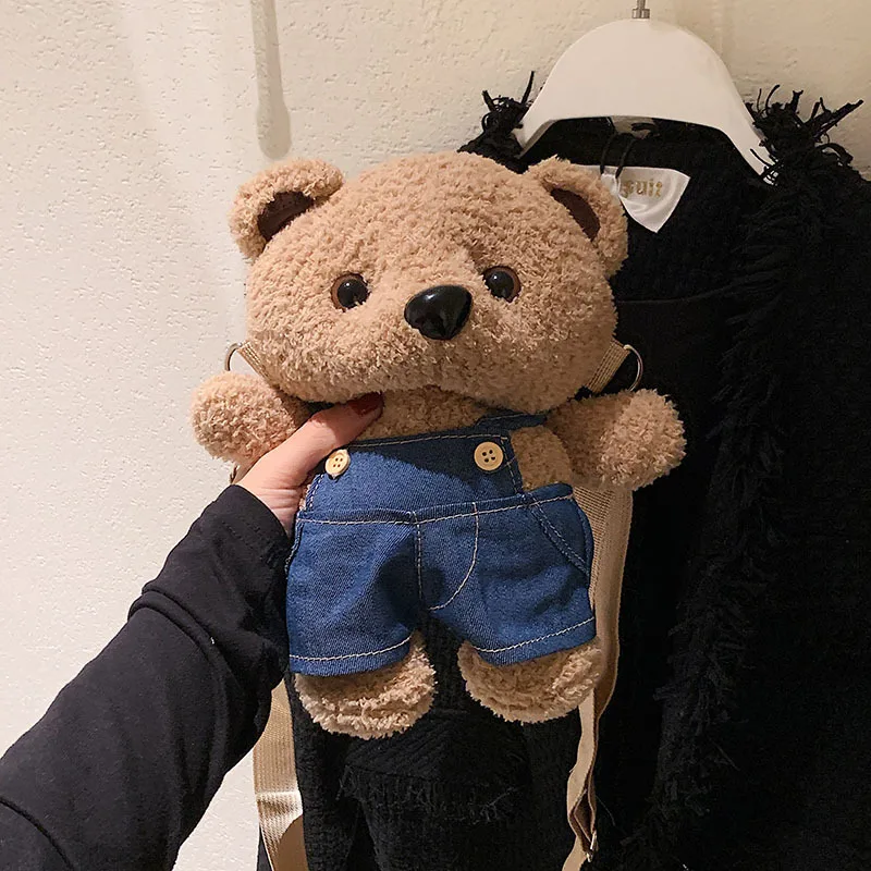 Kawaii Teddy Bear With Overalls Shoulder Bag Cute Stuffed Animals Doll Bag Cartoon Girls Messenger Bag Brown Bear Plush Toy Gift