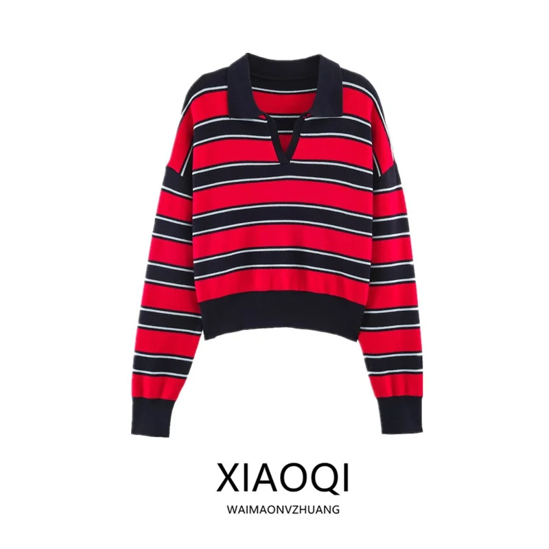 Loose Striped  Neck Knitted Sweater Women's Fashion Autumn New Arrival Comfortable Fit Knitwear Casual Elegant Style