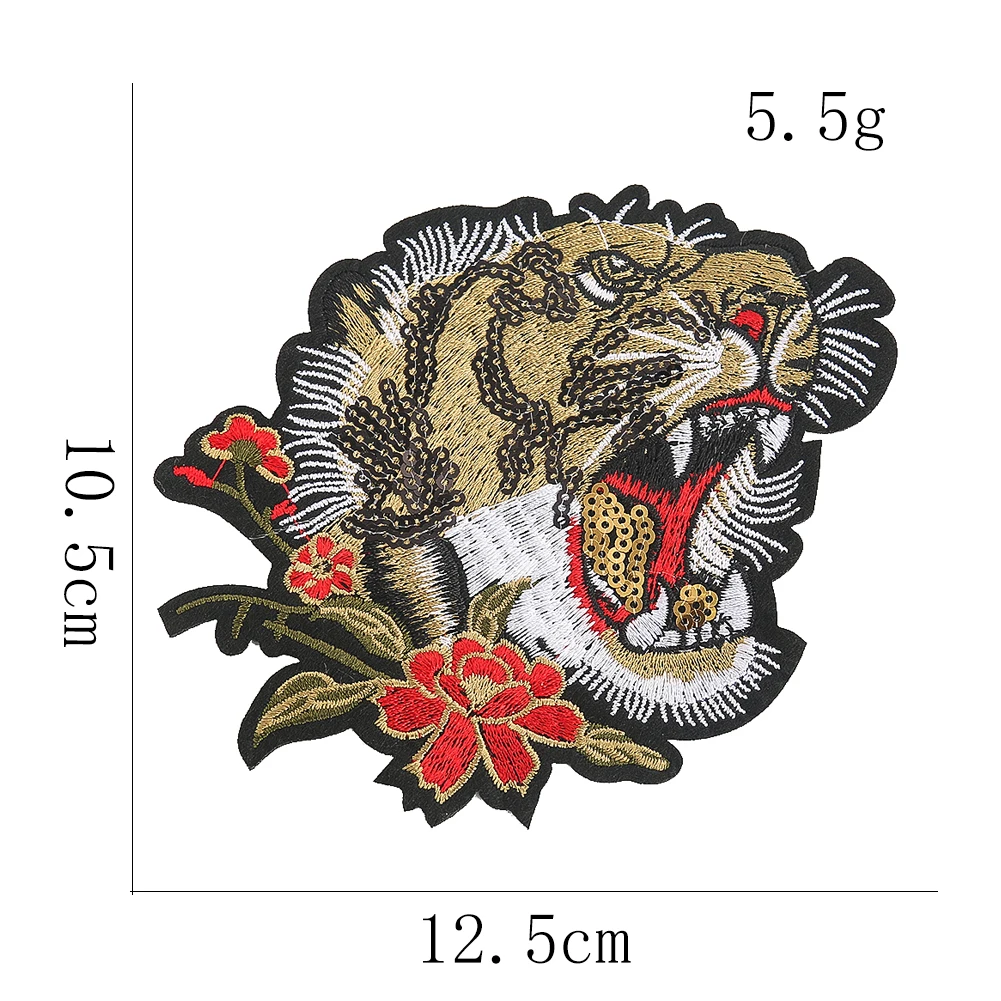 1 Pair Flower Tiger Head Patches Animal Fabric Appliques Embroidery Sequins Iron on Patch for Clothing Badges Clothes Stickers