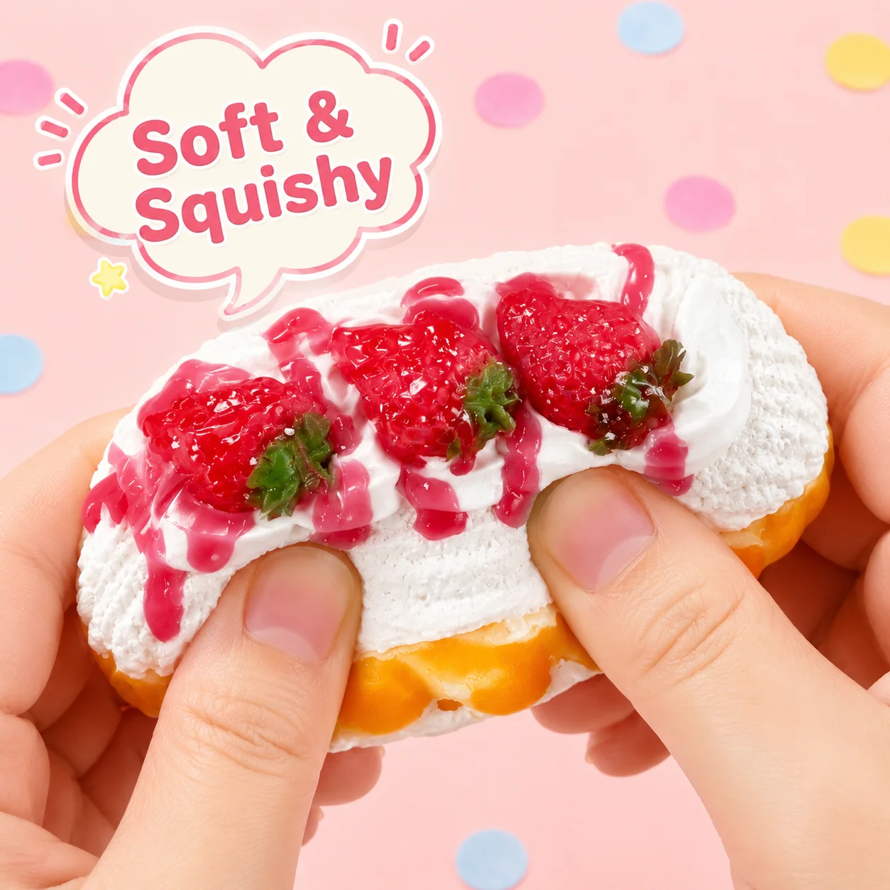 Food Grade Silicone Strawberry Long Pastry Squishy Toy White Cream Red Strawberry Pink Syrup Drip Decor Soft Mochi Squeeze Toy