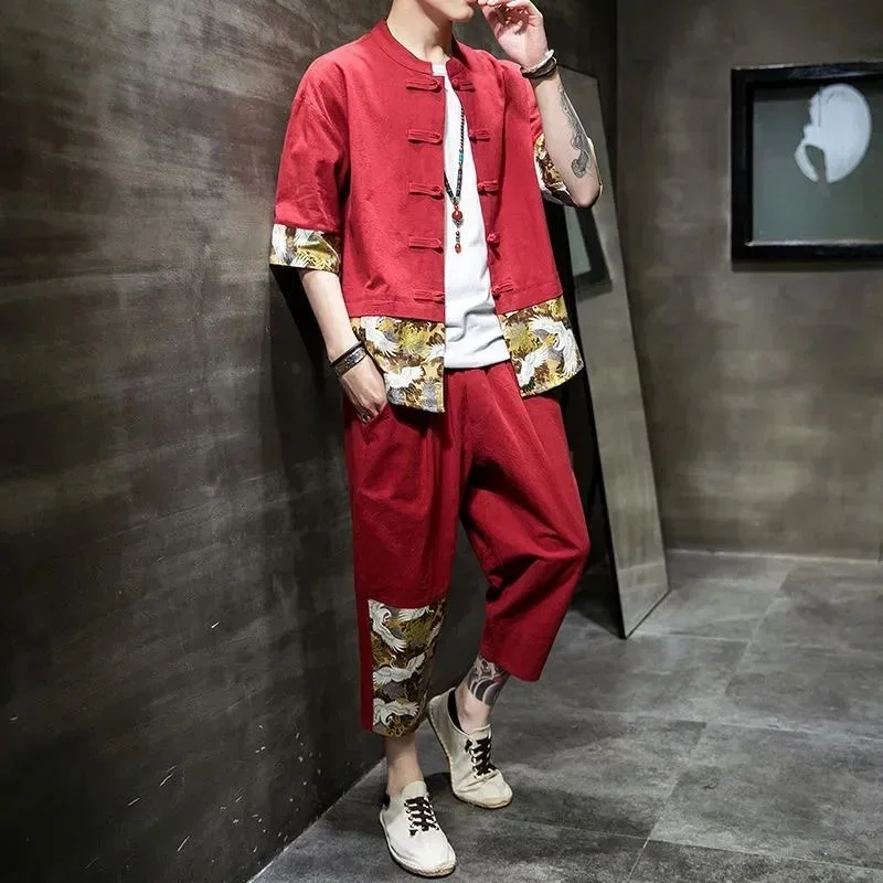 Tang suit retro men's summer leisure suit comfortable high-quality fashion with a sense of high-class handsome national sty