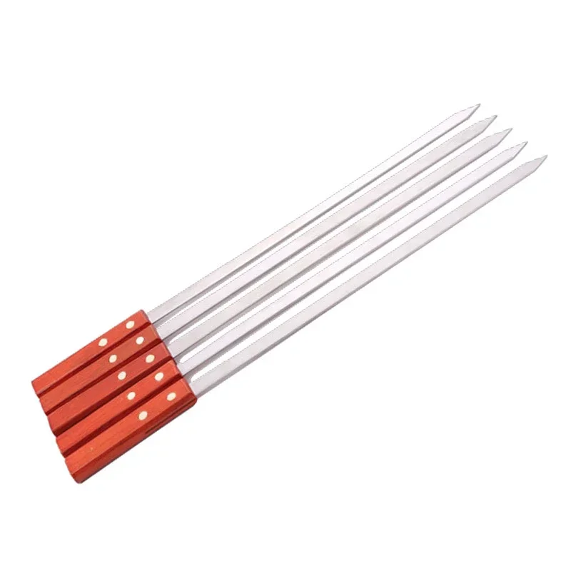 Barbecue Skewers Stainless Steel Fork Flat Shish Kebab BBQ Needle Grills  Sticks Turkish Long Wood Skewer Panic Tools
