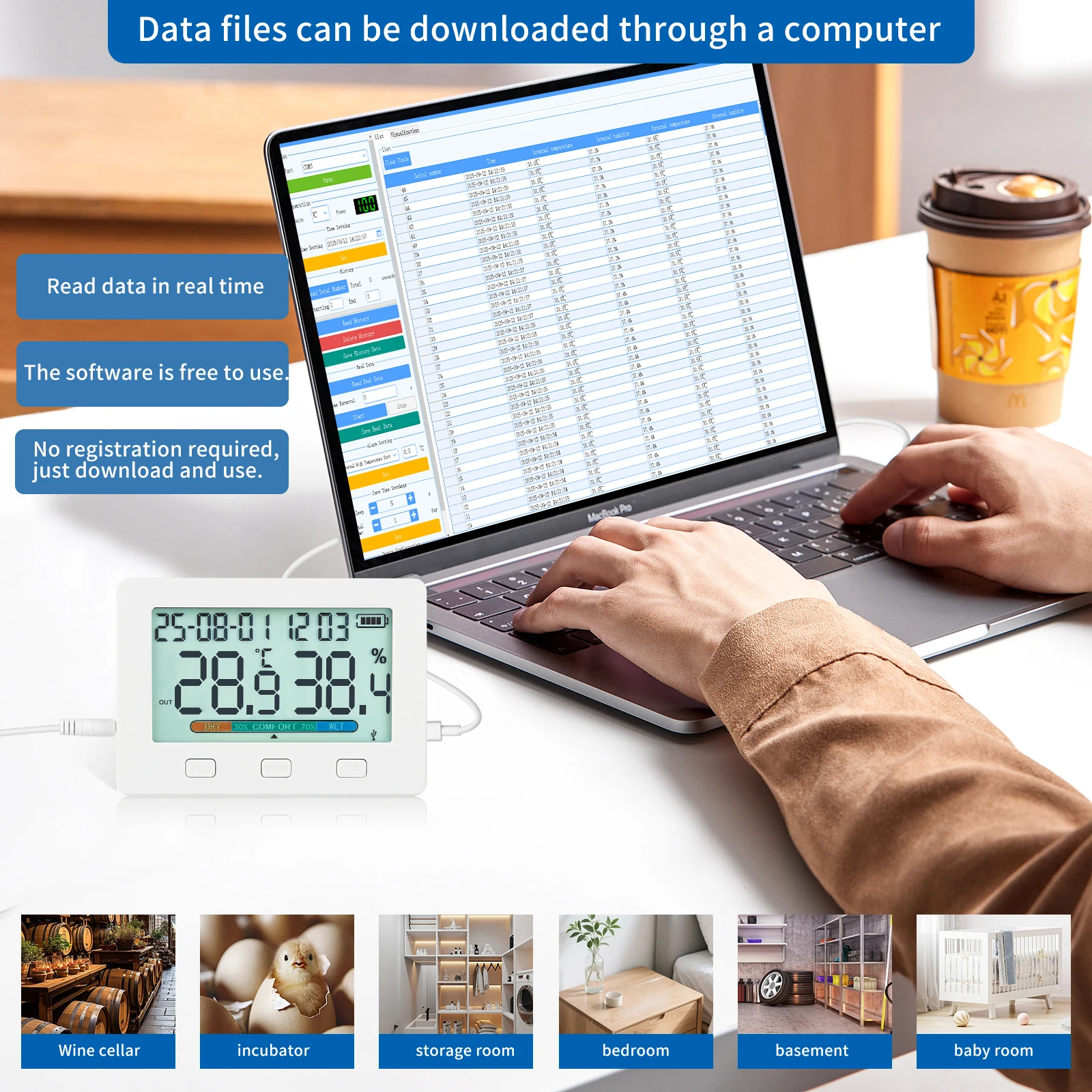 Registrador de temperatura y humedad USB TW21, dos sensores, descarga de datos, procesamiento de datos de alarma de alta y baja temperatura