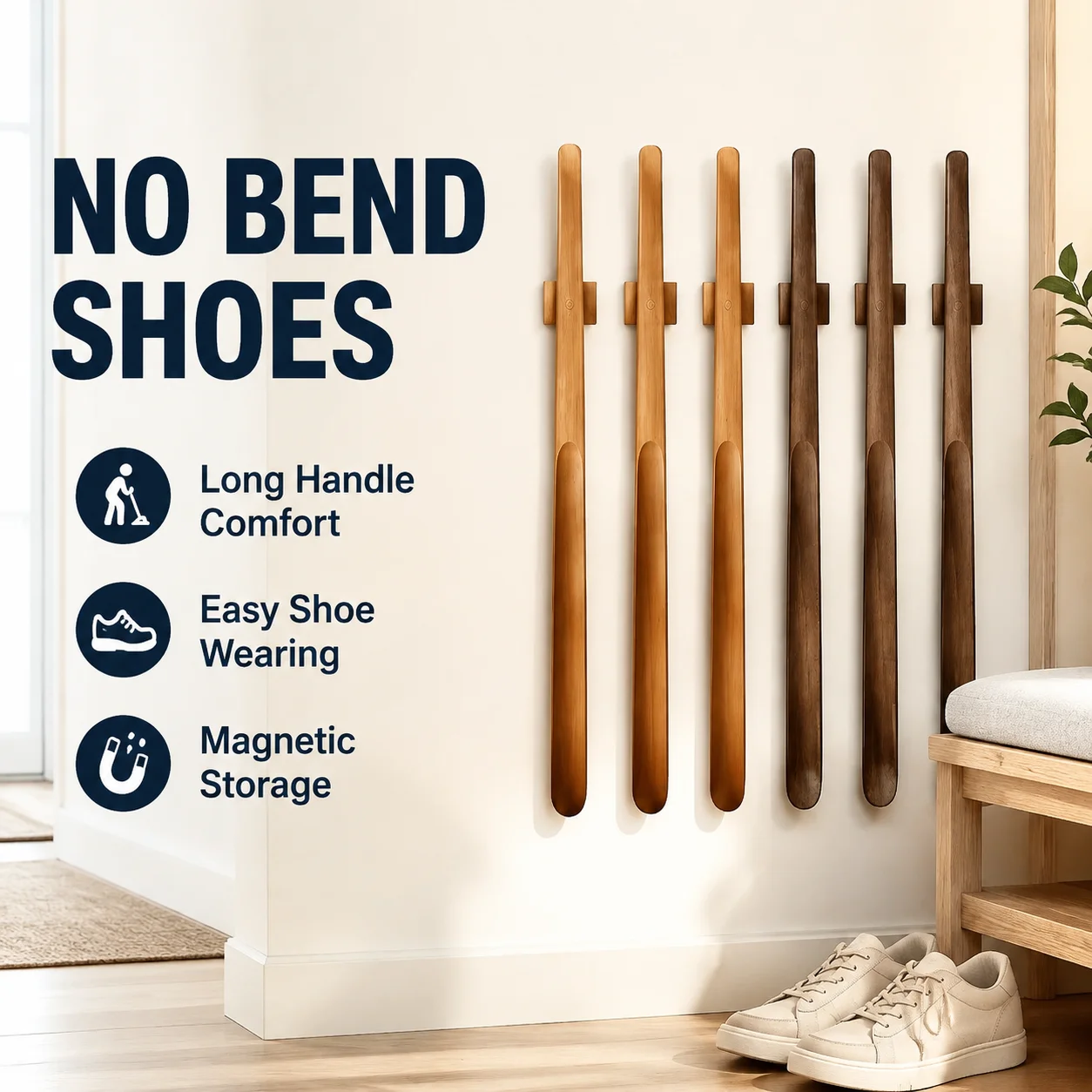 55cm Magnetic Shoehorn with Wooden Handle, No-Bend Flexible Shoe Lifter for Elderly, Pregnant Women, Long Handle Easy Use