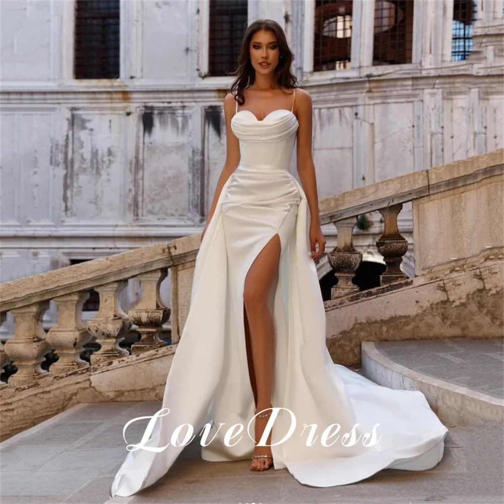 Love Elegant Sweetheart Spaghetti Straps Pleats Wedding Dresses Stain Mermaid High Side Slit Sleeveless Floor Length Bridal Gown