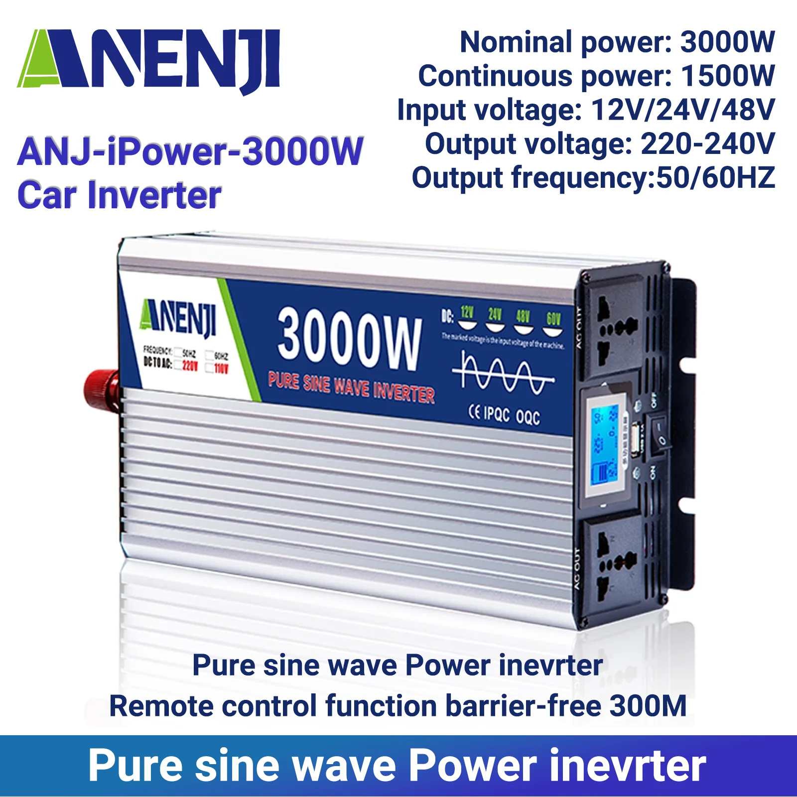 ANENJI Silver Pure Sine Wave Inverter DC 3000W 12V 24V 48V AC 220Vac Power 3000W Car Inverter Converte with LED Display