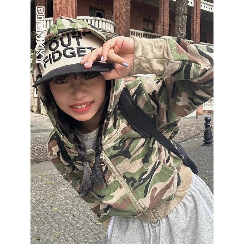 Retro Hooded Cropped Camouflage Jacket Women American Hip Hop Spring Autumn Zipper Outwear Harajuku Casual Hoodies Coats Female