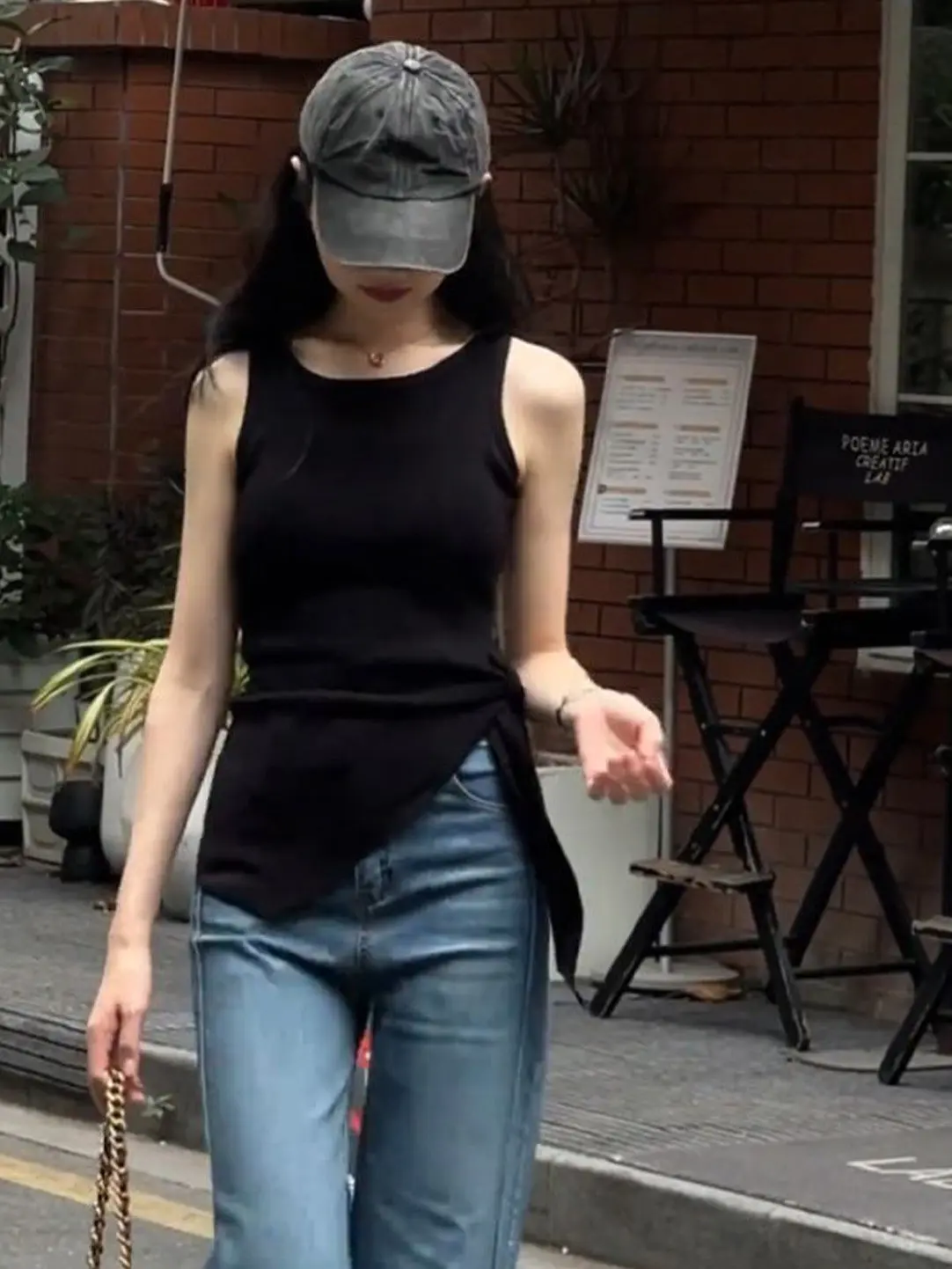 Fashionable Black Knitted Vest Women's Summer New Korean Style Slimming Belted Asymmetrical Top Trendy Polyester Fiber Casual...