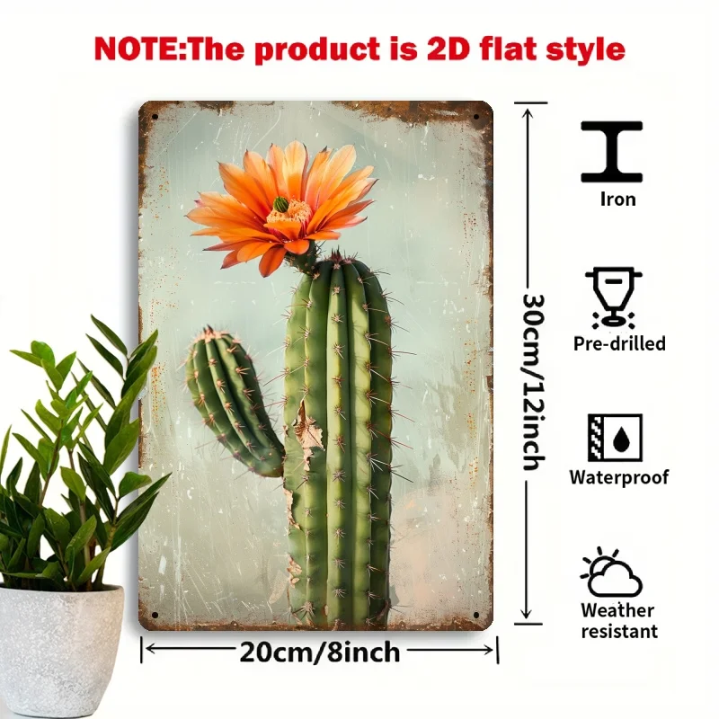 Room Decor 1pc Vintage Cactus Blooming Metal Tin Sign, 8x12 Inch, Rustic Wall Art for Home, Office, Study, Living Room, Garden -