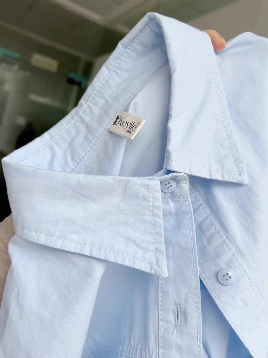 

Синий чистый хлопок Long Sve irt Jaet, женский свободный дизайн, корейский солнцезащитный топ, верхняя одежда